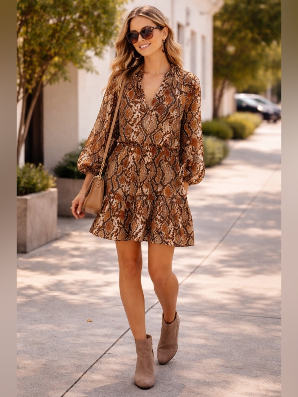 Express Brown and Black Snake Print Long Sleeve Dress